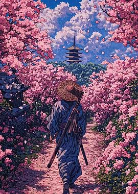 Samurai Walking Through Cherry Blossoms