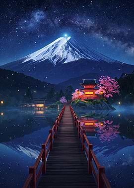 Mount Fuji Night Temple Reflection