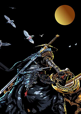 Samurai Warrior Under Golden Moon