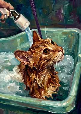 Oil Painting of Cat Bathing