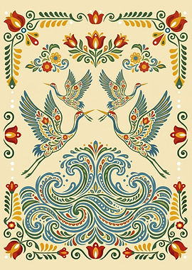 Decorative traditional Nordic cranes waves floral pattern