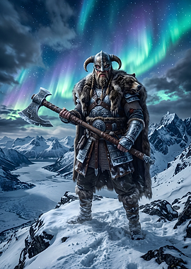 Viking Warrior Under Northern Lights