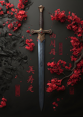 Ornate Sword with Red Cherry Blossoms
