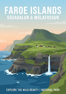 Faroe Islands Gásadalur Travel Poster