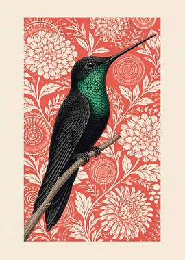 Hummingbird on Floral Red Background