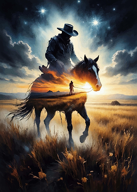 Double Exposure Cowboy Horse Sunset Art