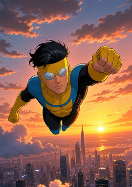 Invincible Flying Over City Skyline