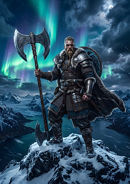 Viking Warrior Under Northern Lights