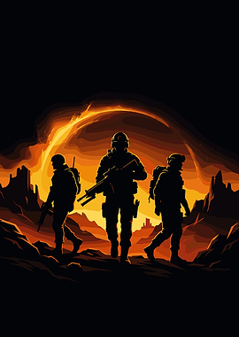 Soldiers Silhouetted Against Fiery Landscape