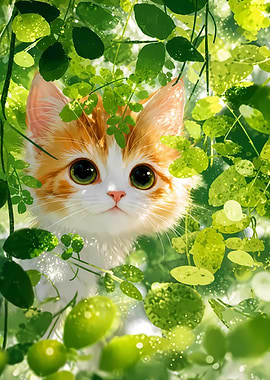 Cute Ginger Kitten in Green Foliage