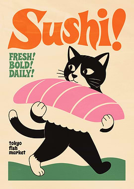 Cute Cat Carrying Sushi Poster