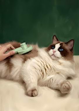 Grooming a Fluffy Ragdoll Cat