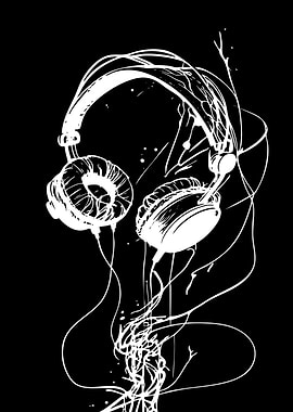 Abstract White Headphones Line Art