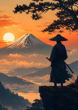 Samurai Watching Mount Fuji Sunset