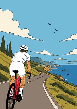 Cyclist Riding Along Coastal Road