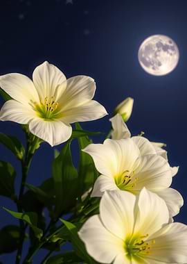 White Flowers Under Full Moon