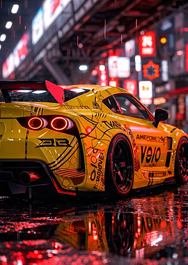 Yellow Modified Sports Car at Night
