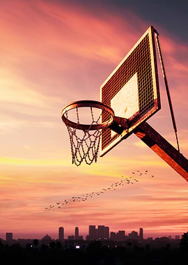 Basketball Hoop at Sunset Skyline