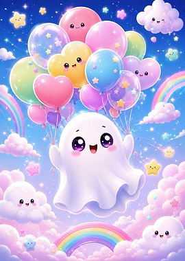 Cute Ghost Floating with Colorful Balloons