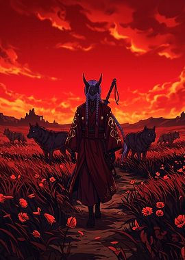 Demon Samurai Walking with Wolves