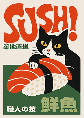 Vintage Style Sushi Cat Poster