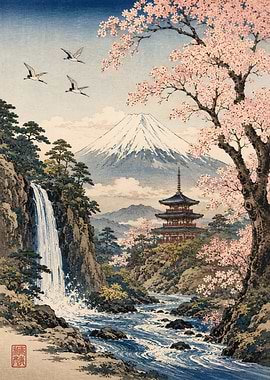Mount Fuji with Pagoda and Waterfall