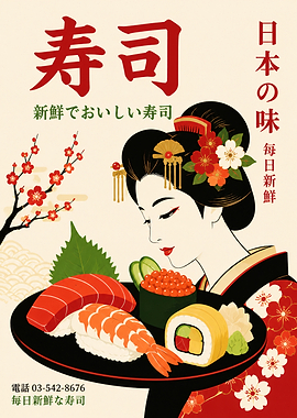 Japanese Sushi Poster with Geisha Illustration