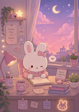 Cute Bunny Studying at Cozy Desk
