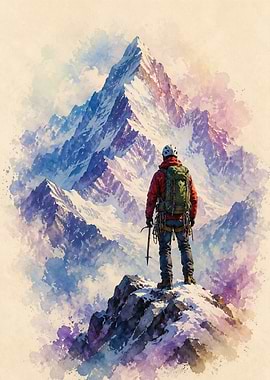Mountaineer Standing Before Snowy Peak