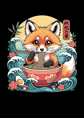 Cute Fox Eating Ramen Noodles