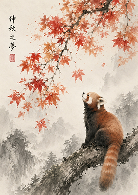 Red Panda in Autumn Ink Wash