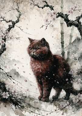 Watercolor Cat Amidst Cherry Blossoms