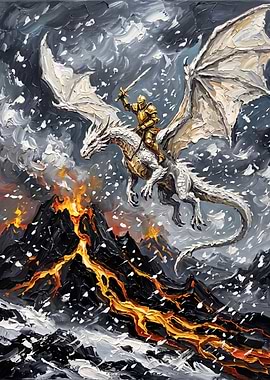Knight Riding Dragon Over Volcano