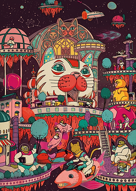 Whimsical Cosmic Cat City Illustration