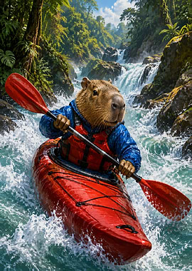 Capybara Kayaking Through Tropical Rapids