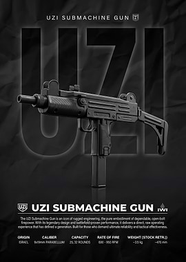 black Uzi Submachine Gun Technical Poster