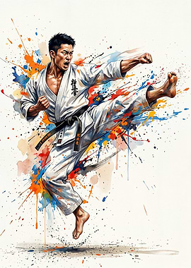 Dynamic Karate Fighter Watercolor Art