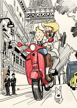 Tintin and Haddock Riding a Vespa