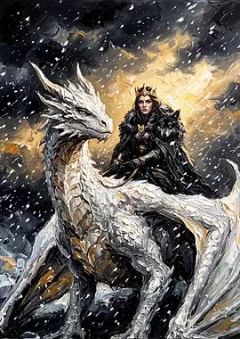 Queen Riding White Dragon in Snow