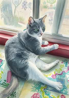 AI Watercolor Painting of a Gray Cat
