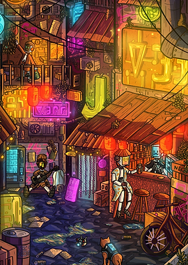 Cyberpunk Robot Street Market Scene