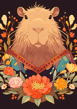 Capybara Portrait with Floral Wreath