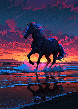 Black Horse Running on Beach Sunset