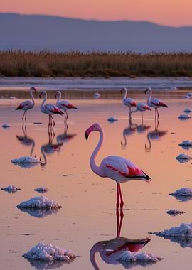 Flamingos at Sunset in Salt Lake