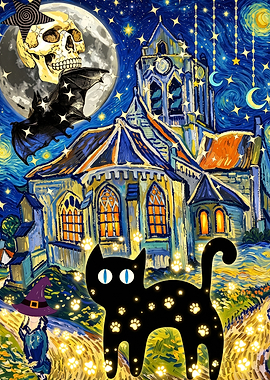 Starry Night Halloween Cat Illustration
