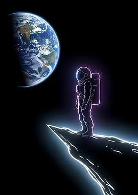 Neon Astronaut on Lunar Cliff Overlooking Earth, Futuristic Space Digital Illustration with Purple Blue Glow