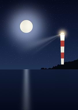 Lighthouse - Minimalist Full Moon Over a Calm Sea