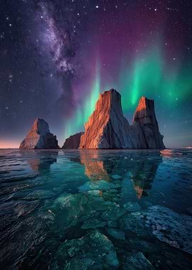 Aurora Borealis Over Arctic Icebergs