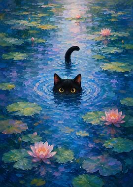 Black Cat Swimming in Lily Pond