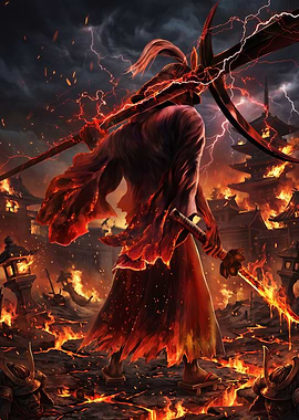Samurai Warrior Amidst Burning Temple Ruins